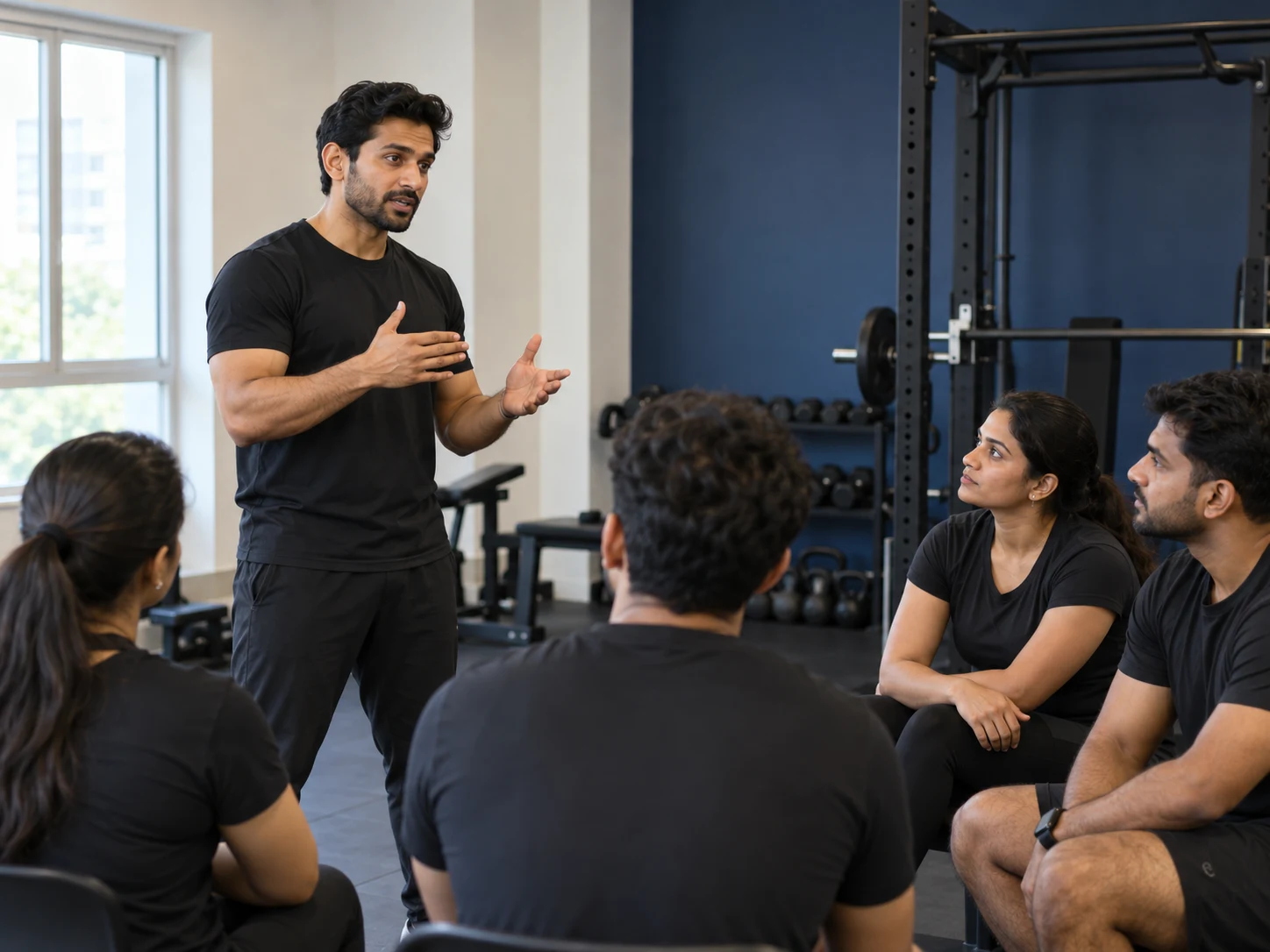 Fitness educator explaining a topic to a small group of students