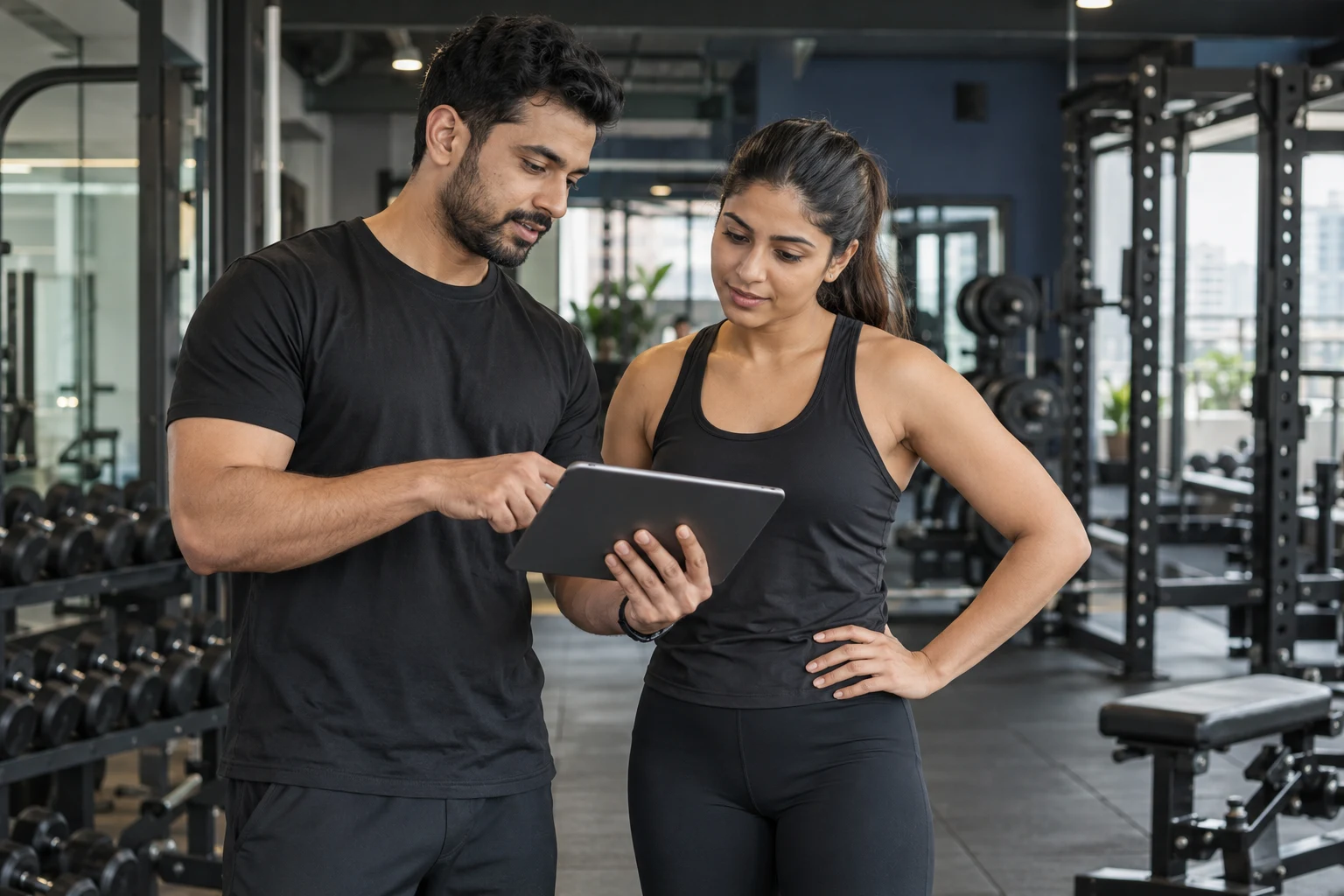 Fitness instructor and trainee reviewing a training plan together